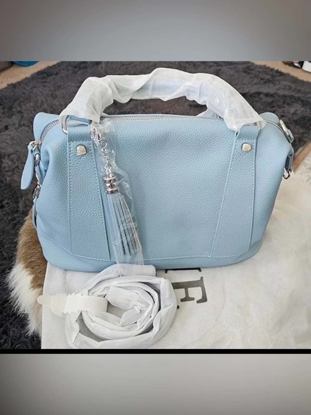 Light Blue Leather Satchel Handbag with Tassel